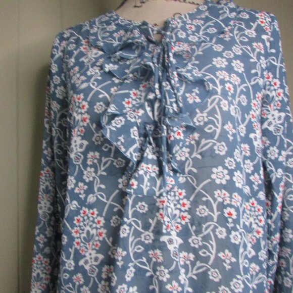 Ann Taylor Loft Sheer Blouse XS Ruffle Floral Blue Red White Long Sleeve - Picture 5 of 11